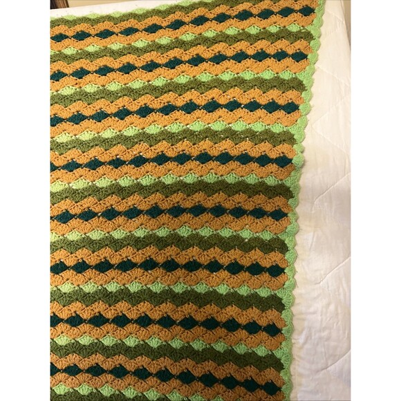 Vintage Afghan Throw Retro 70s Crochet Orange Green Stripe Blanket 36x54” - Picture 2 of 3